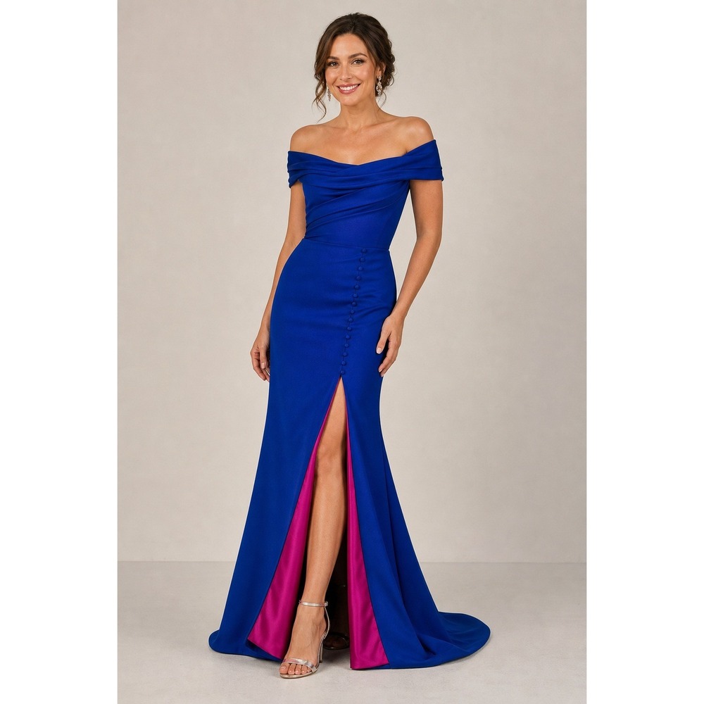Alex Evenings Vintage Royal Blue Off Shoulder Gown Rhinestone Slit Dress 8